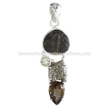 Trilobite And Multi Gemstone 925 Solid Silver Pendant Jewelry